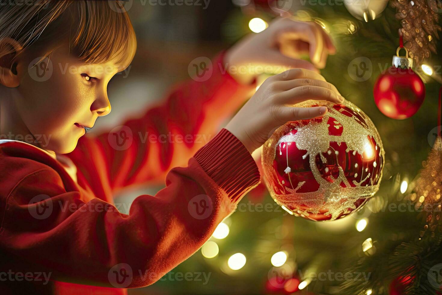 Child Decorating Christmas Tree Closeup. AI Generated photo