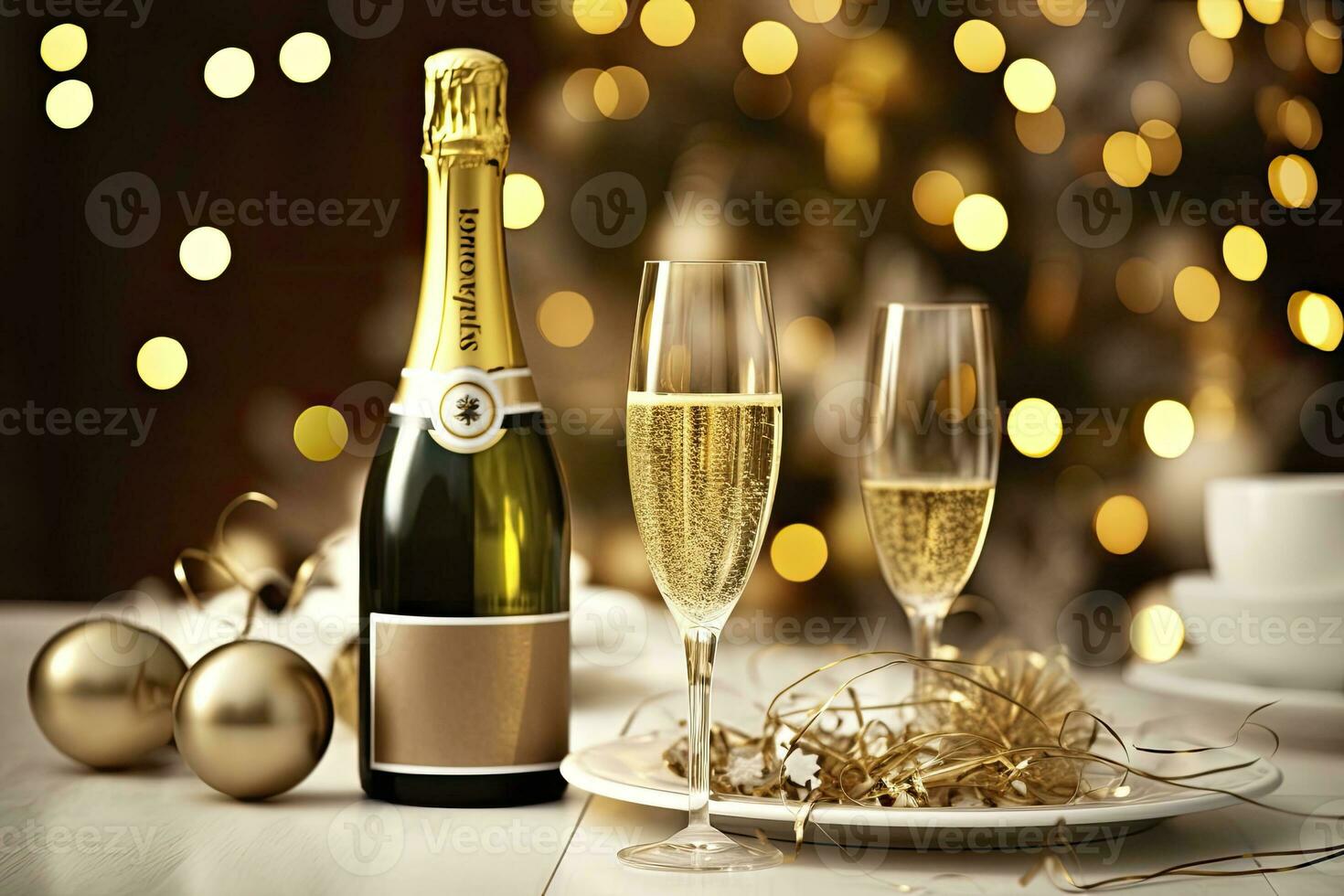Christmas table setting with holiday decorations in gold color. AI Generated photo
