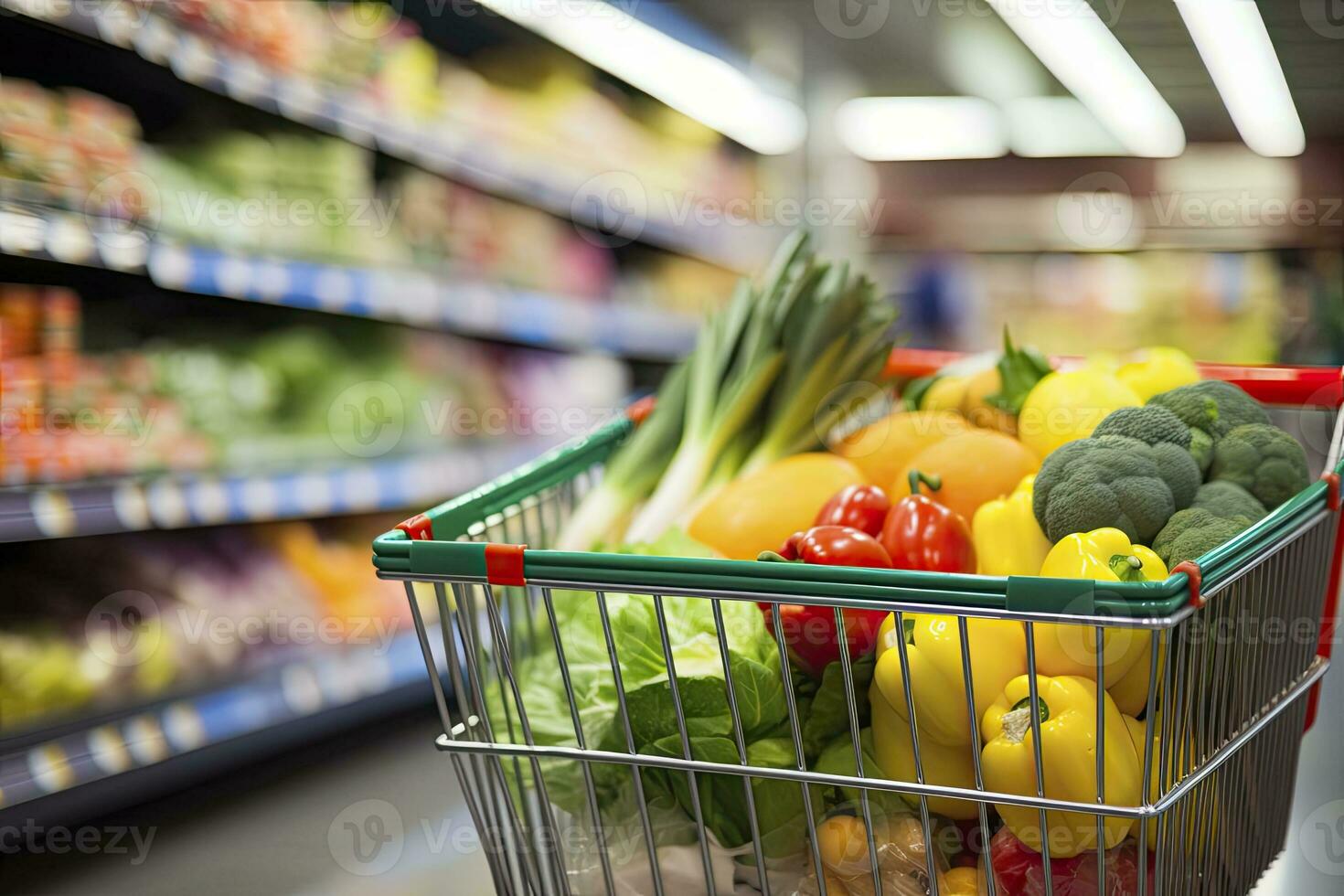 Close up of full shopping cart in grocery store. AI Generated photo