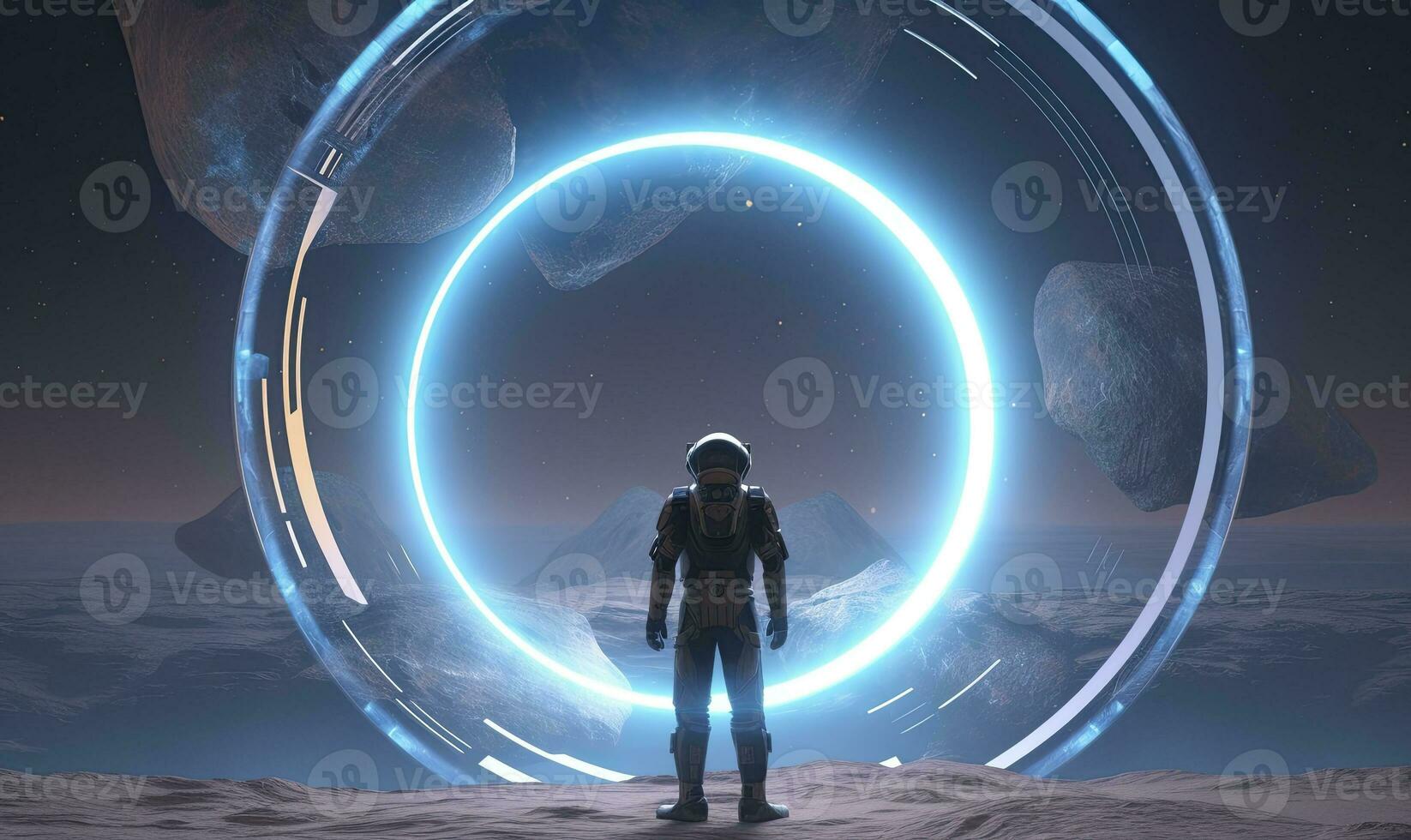 Astronaut in front of dimensional portal.  AI Generated. photo