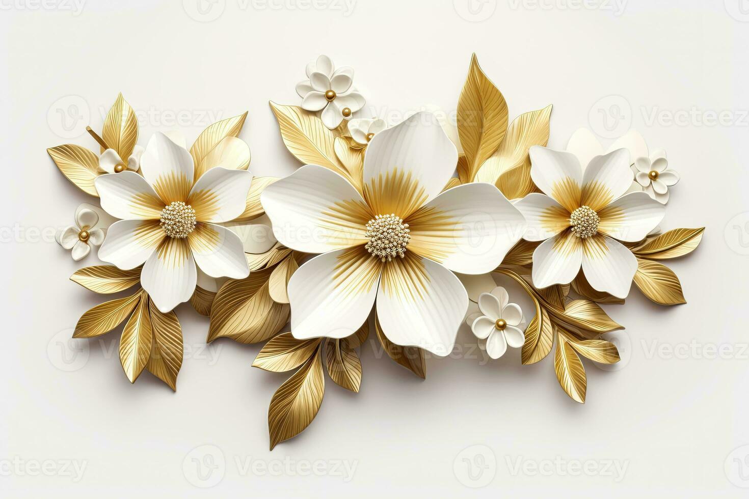 3d gold flowers white backgroung. AI Generated photo