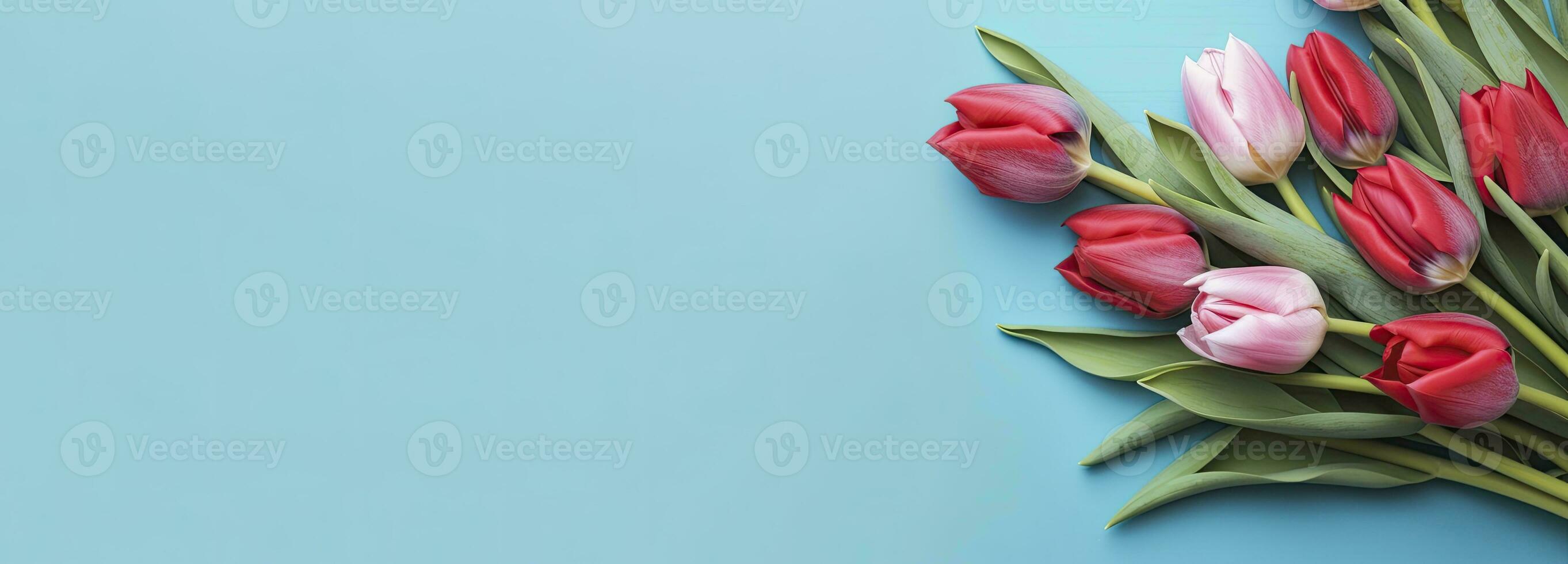 Bouquet of red tulip on blue Background. Top view with copy space.  AI Generated photo