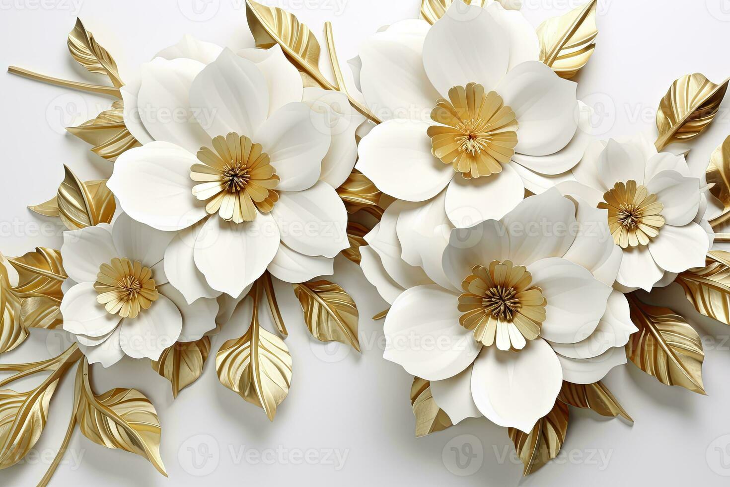 3d gold flowers white backgroung. AI Generated photo