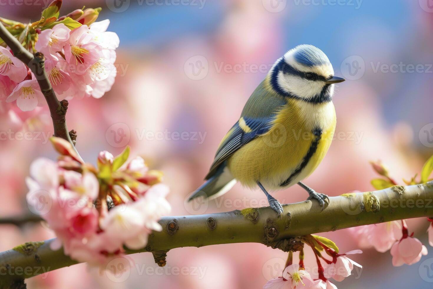 A Bluetit bird resting on the branch of a tree. AI Generated. photo