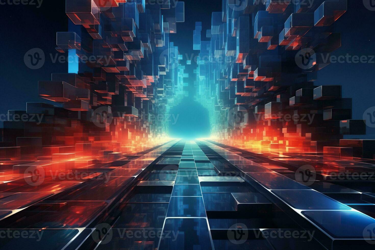 Abstract background image with cubes in blue and orange tones in space. Generated by artificial intelligence photo