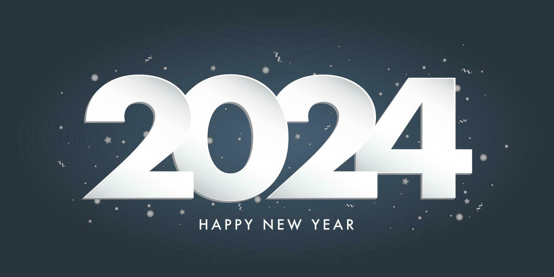 2024 silver numbers with festive confetti, stars and spiral ribbons on