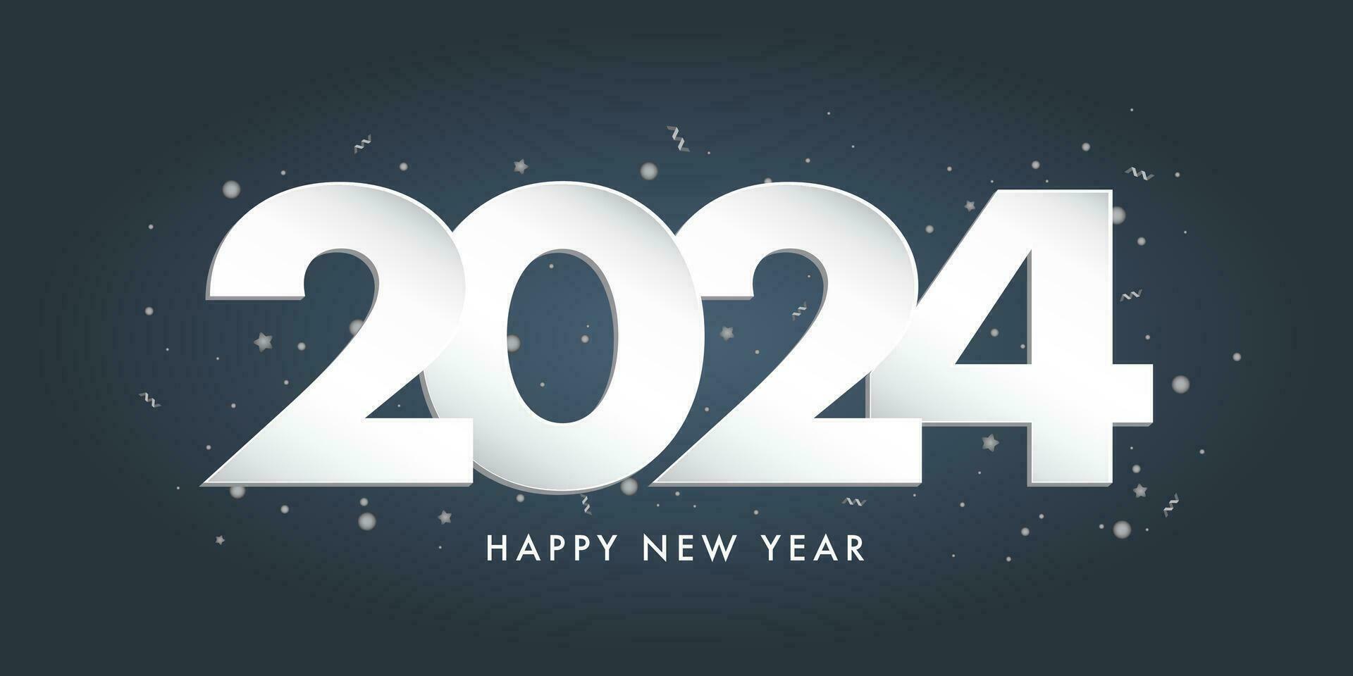 2024 silver numbers with festive confetti, stars and spiral ribbons on blue background. Vector holiday illustration. Happy New Year 2024. New year ornament.