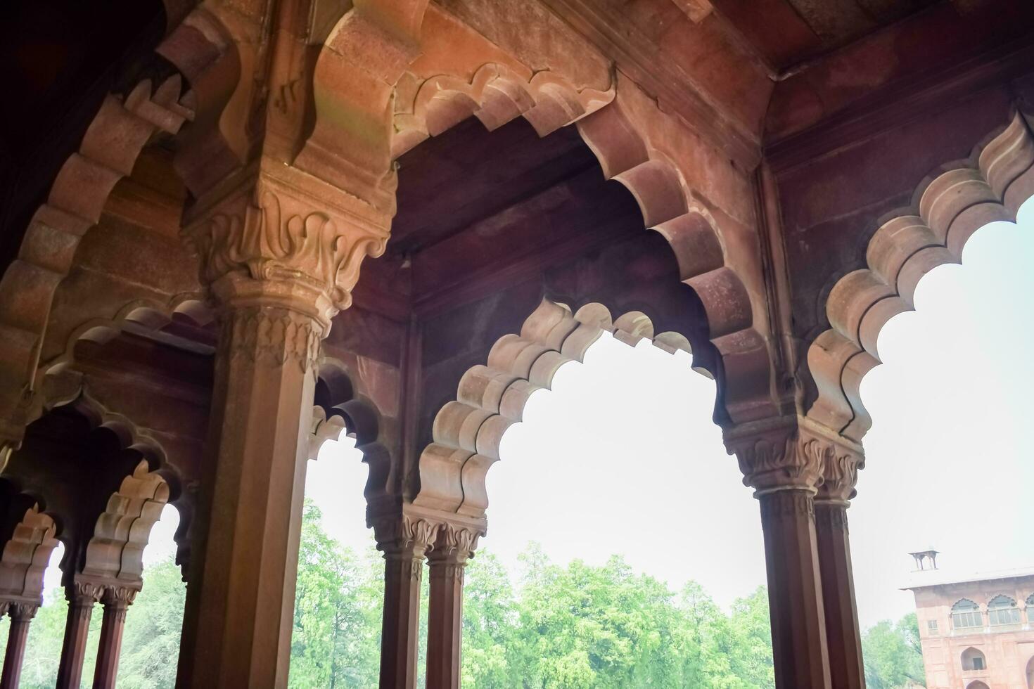 Delhi, India, September 09 2023 - Architectural details of Lal Qila - Red Fort situated in Old Delhi, India, View inside Delhi Red Fort the famous Indian landmarks photo