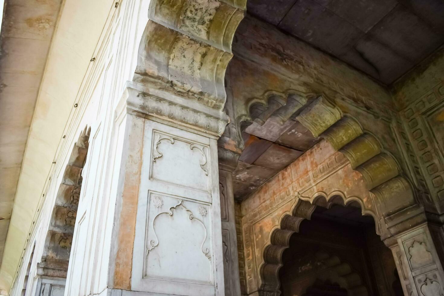 Delhi, India, September 09 2023 - Architectural details of Lal Qila - Red Fort situated in Old Delhi, India, View inside Delhi Red Fort the famous Indian landmarks photo