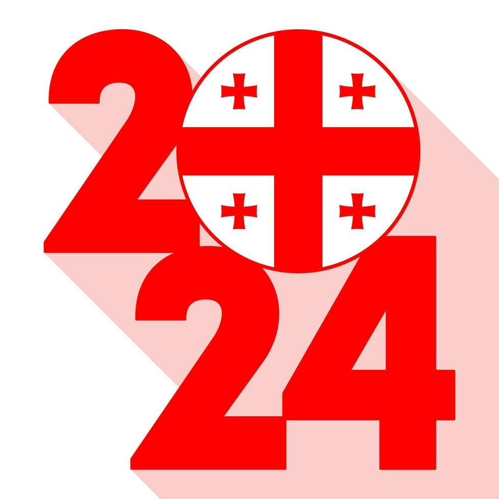 Happy New Year 2024, long shadow banner with Georgia flag inside. Vector illustration.