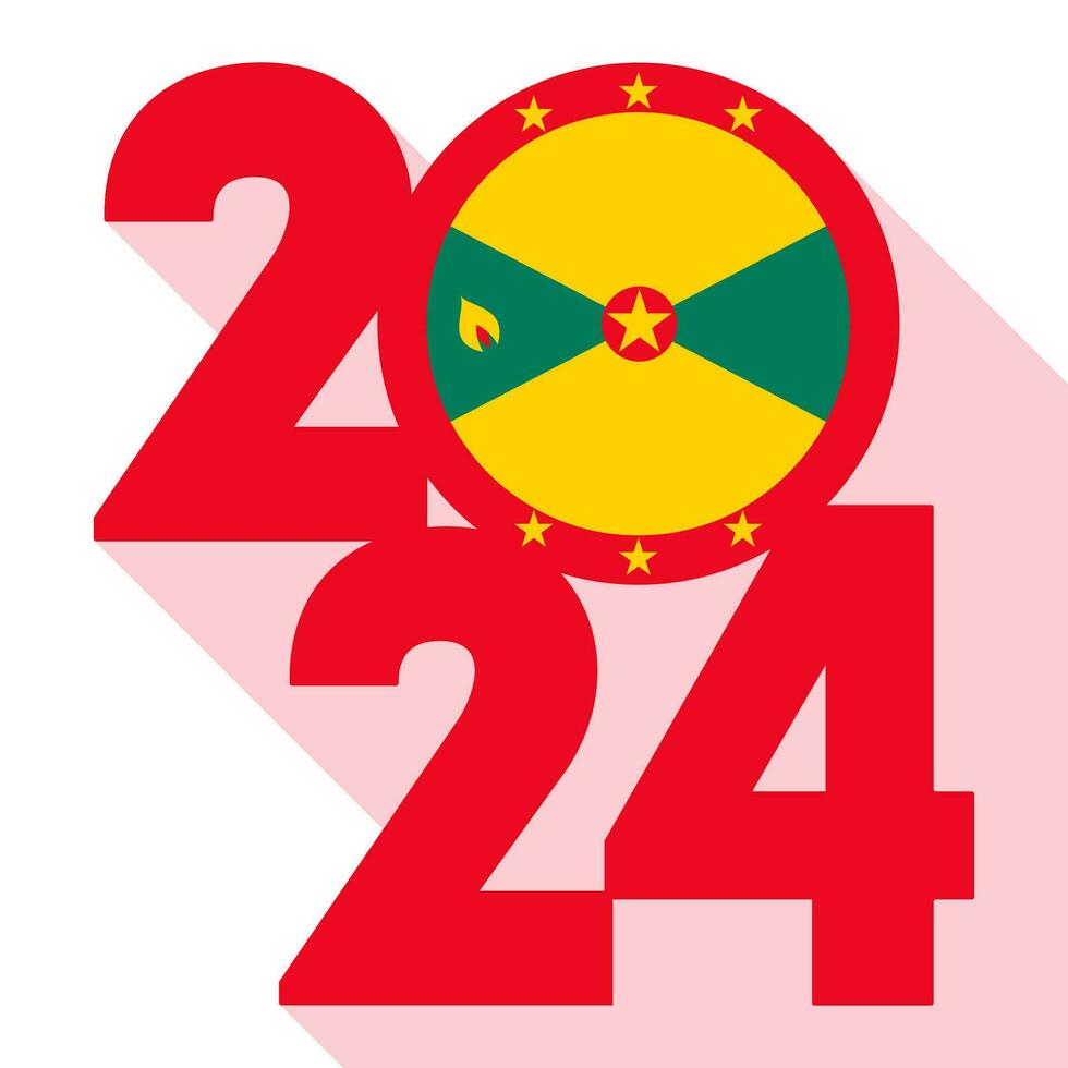 Happy New Year 2024, long shadow banner with Grenada flag inside. Vector illustration.