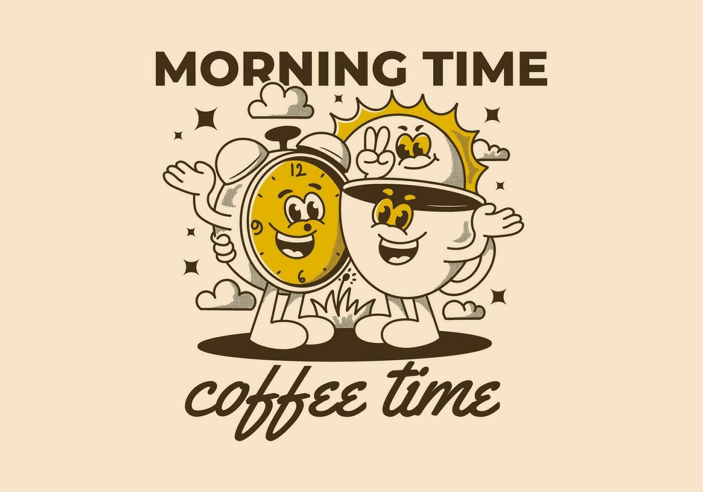 Morning time, coffee time. Mascot character of coffee cup, alarm clock and a sun vector