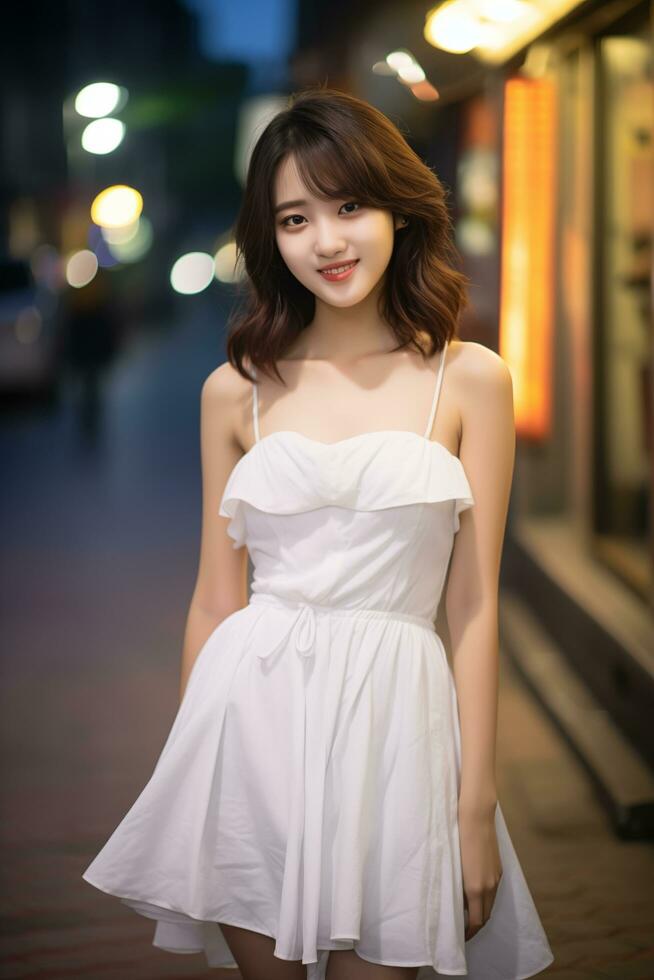 Beautiful asian girl wearing white dress Generative AI photo
