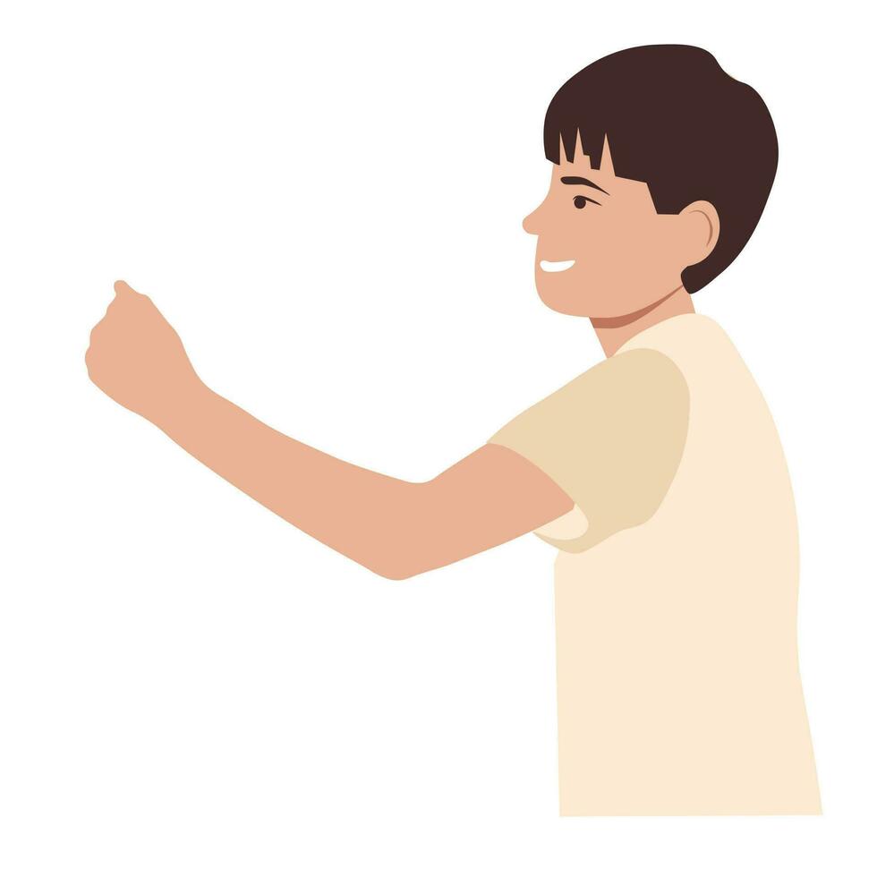 Angry Kid threatened with a Fist vector stock illustration. The boy waves his fist with a smile. Child aggression. Teenager. Isolated on a white background.