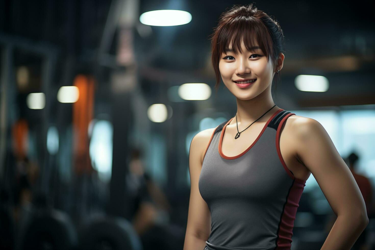 hermosa asiático niña en ropa de deporte dentro el gimnasio generativo ai foto