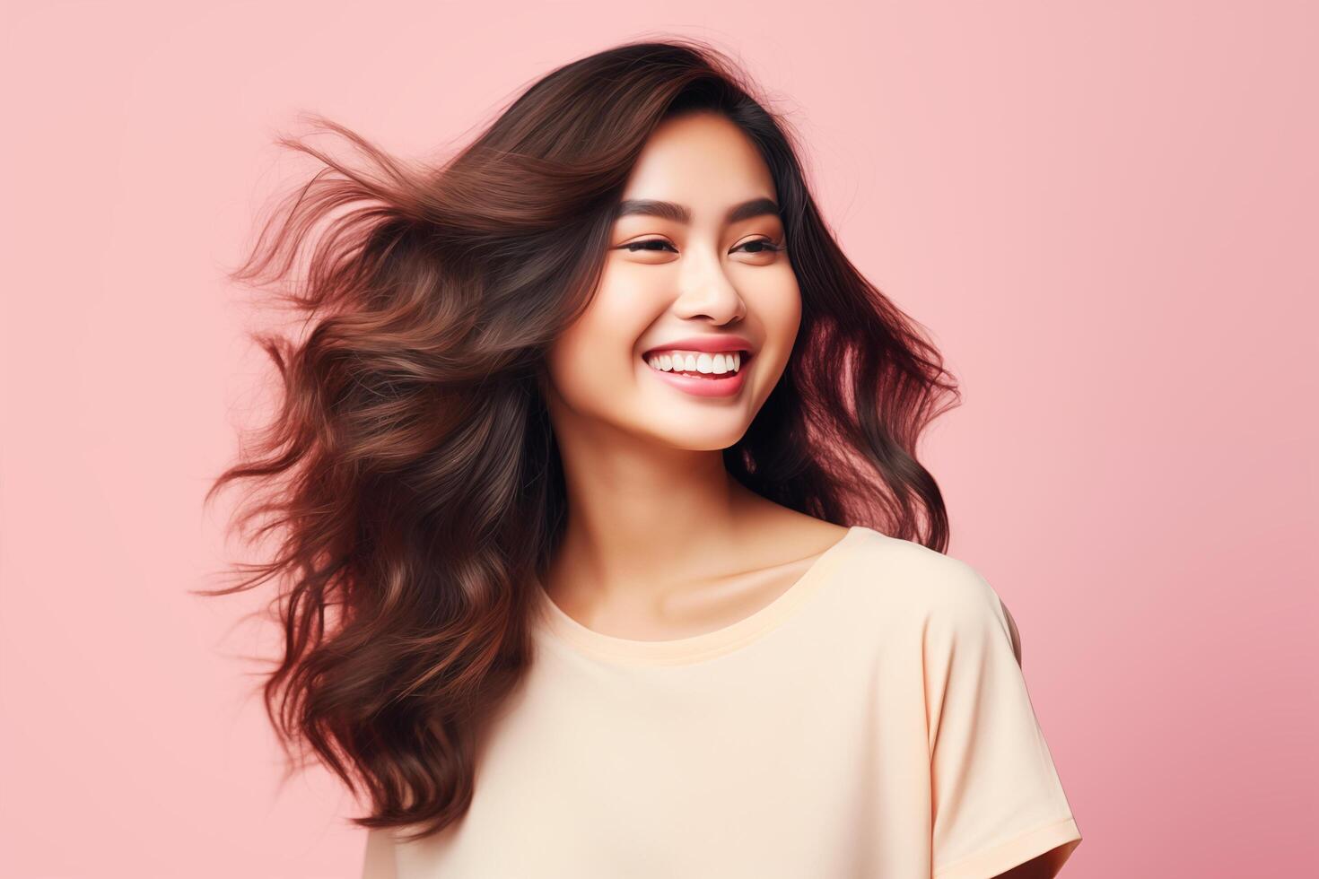 Beautiful and expressive asian girl in isolated plain background