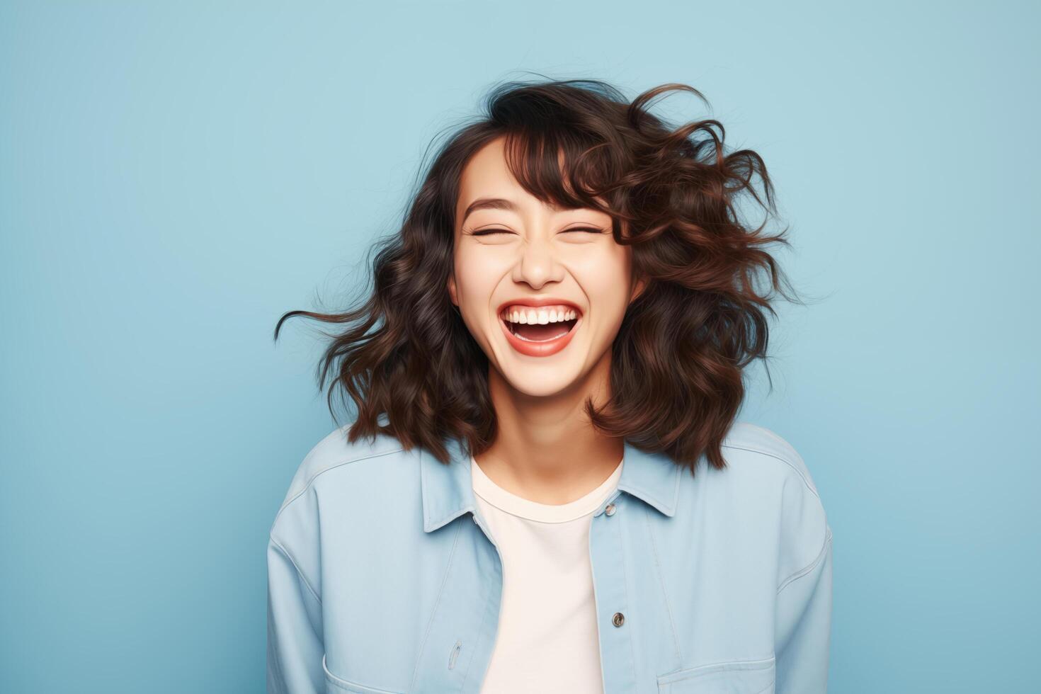 Beautiful and expressive asian girl in isolated plain background