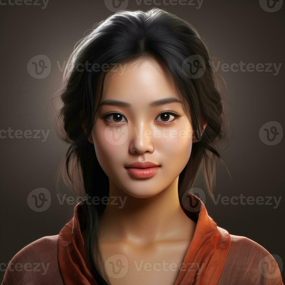 Asian girl facial features such as expressive and pleasing smile Generative AI photo