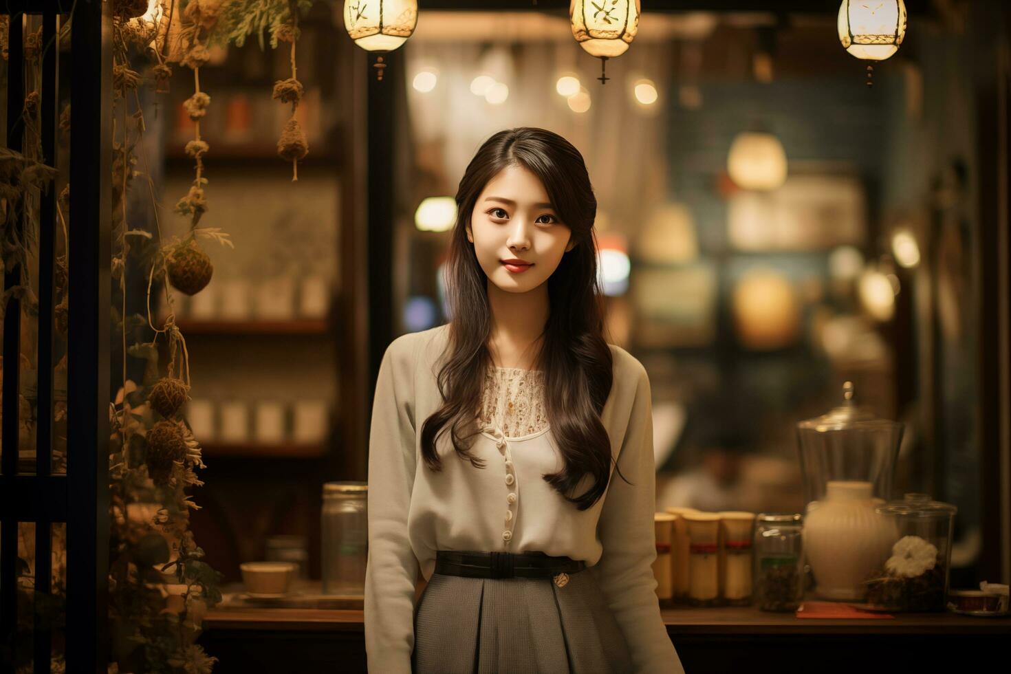 Beautiful Korean girl inside of a retro shop Generative AI photo