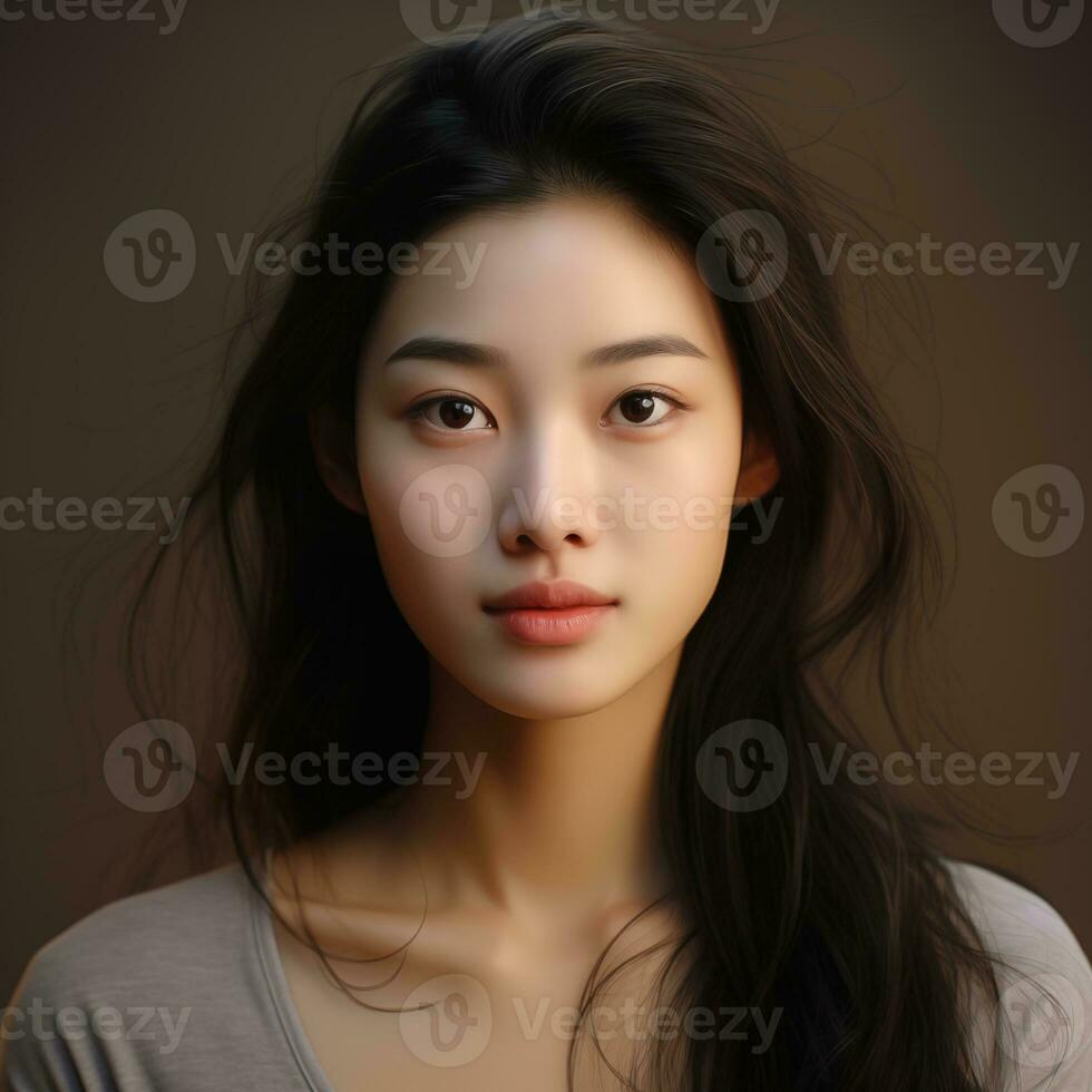 Asian girl facial features such as expressive and pleasing smile Generative AI photo