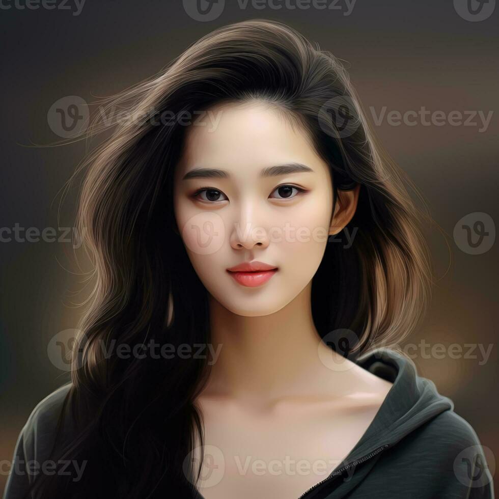 Asian girl facial features such as expressive and pleasing smile Generative AI photo