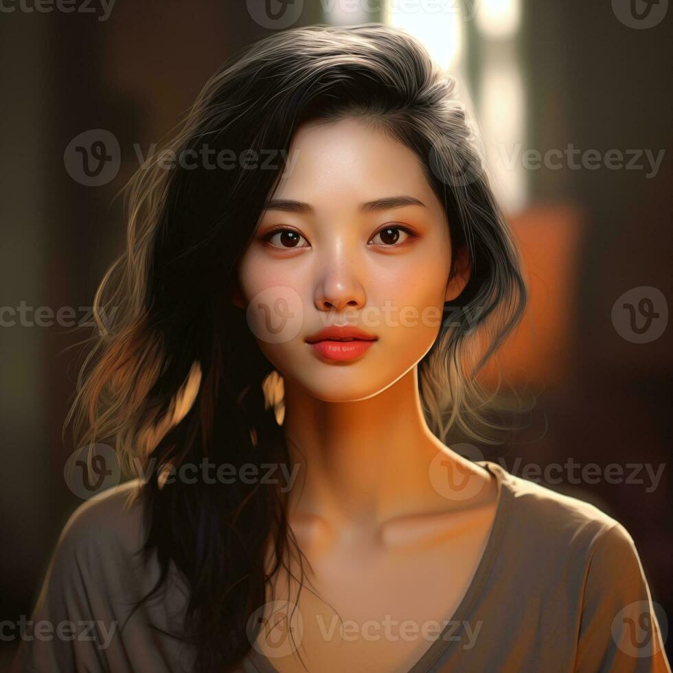 Asian girl facial features such as expressive and pleasing smile Generative AI photo