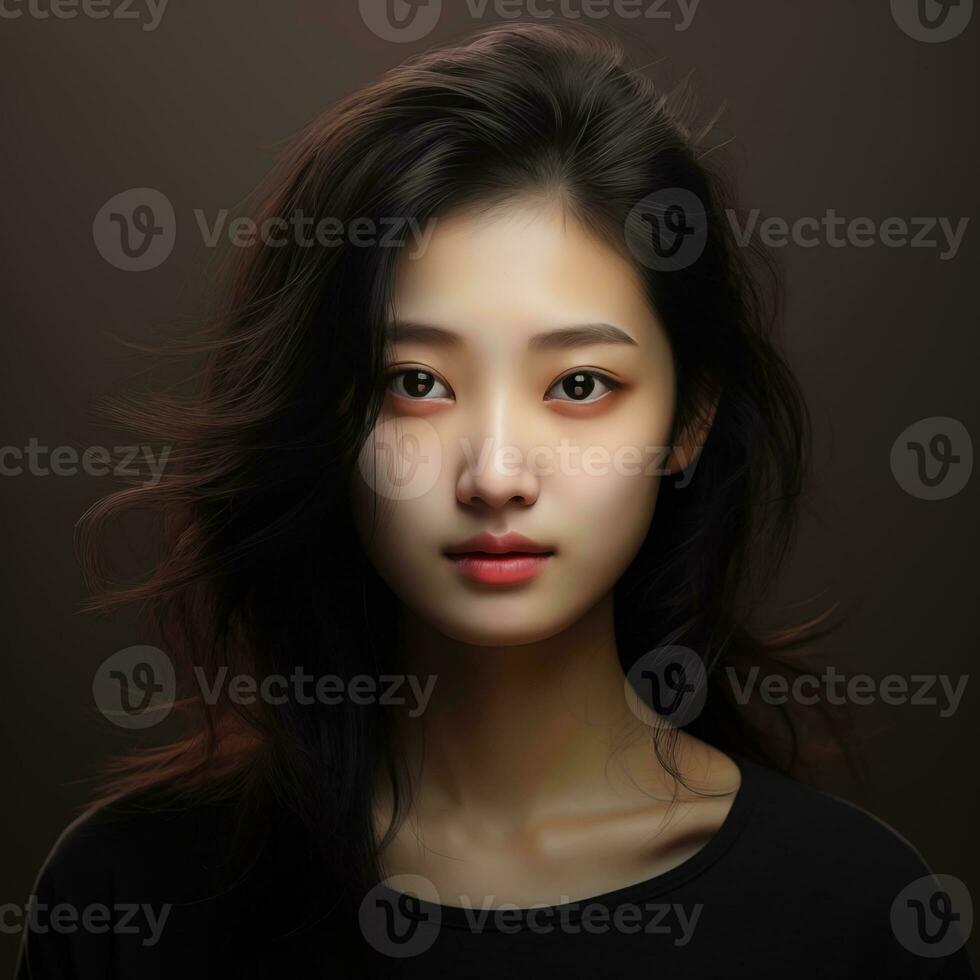 Asian girl facial features such as expressive and pleasing smile Generative AI photo