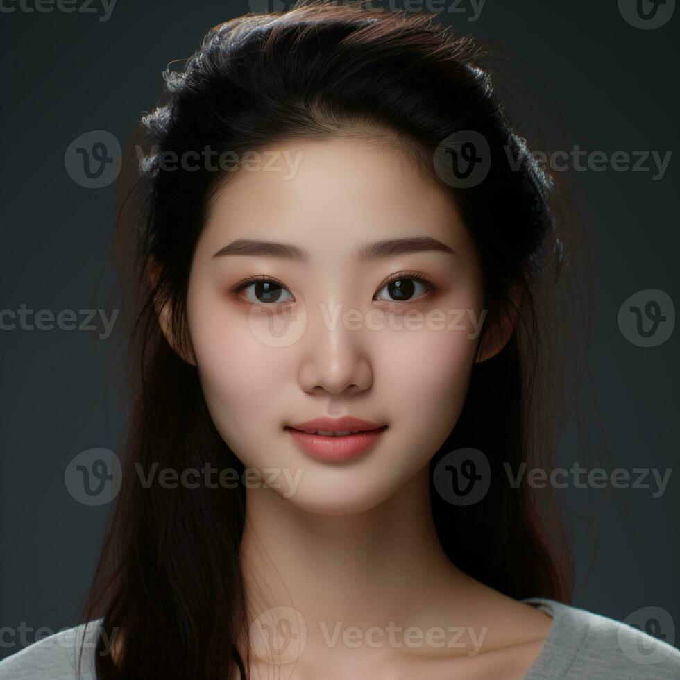 Asian girl facial features such as expressive and pleasing smile Generative AI photo