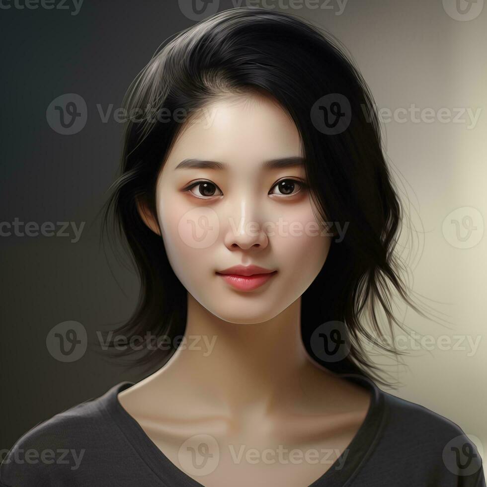 Asian girl facial features such as expressive and pleasing smile Generative AI photo