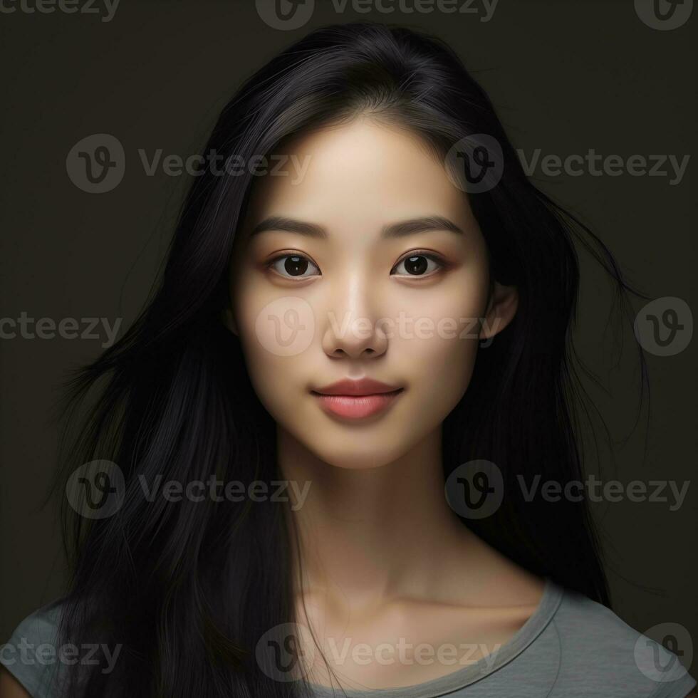 Asian girl facial features such as expressive and pleasing smile Generative AI photo