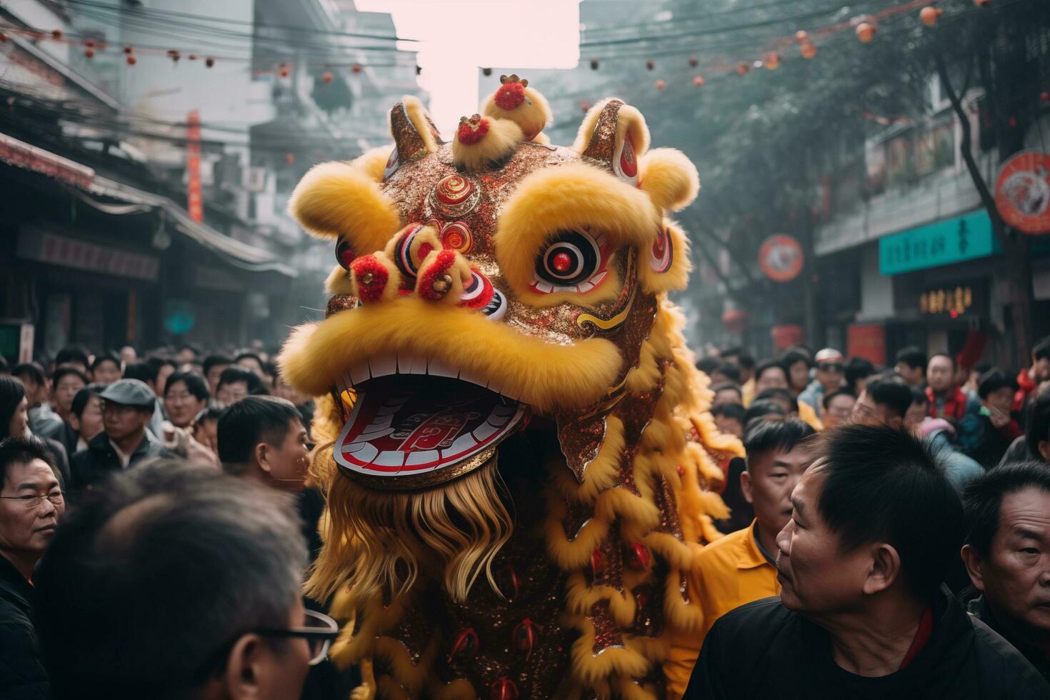 Lunar New Year parade with intricately designed traditional dragon and lion dance costumes Generative AI photo