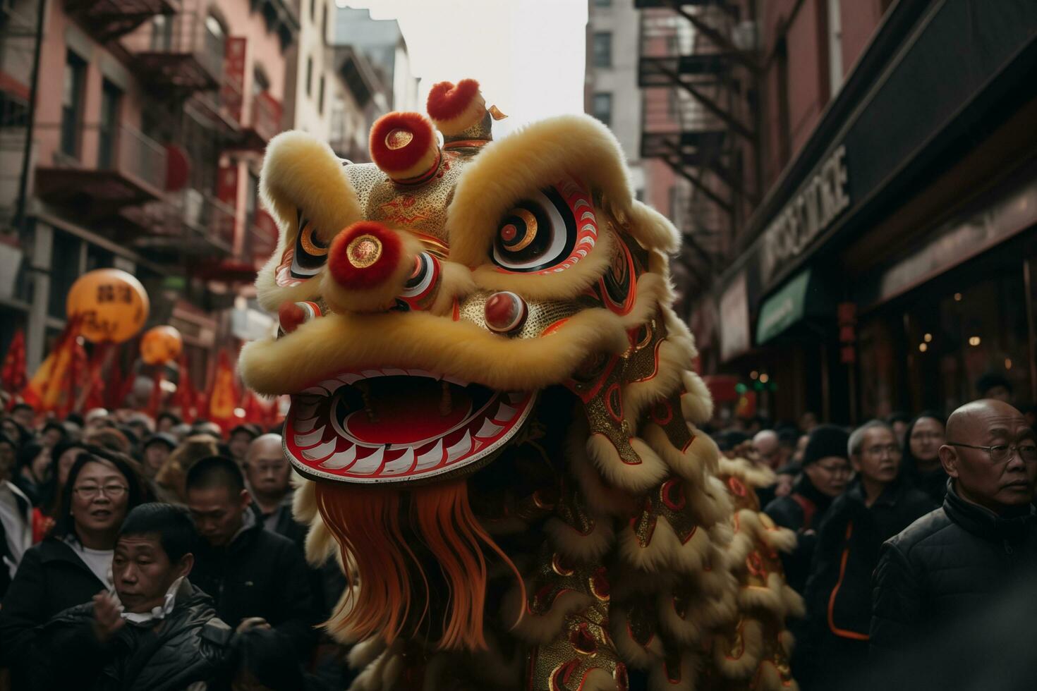 Lunar New Year parade with intricately designed traditional dragon and lion dance costumes Generative AI photo