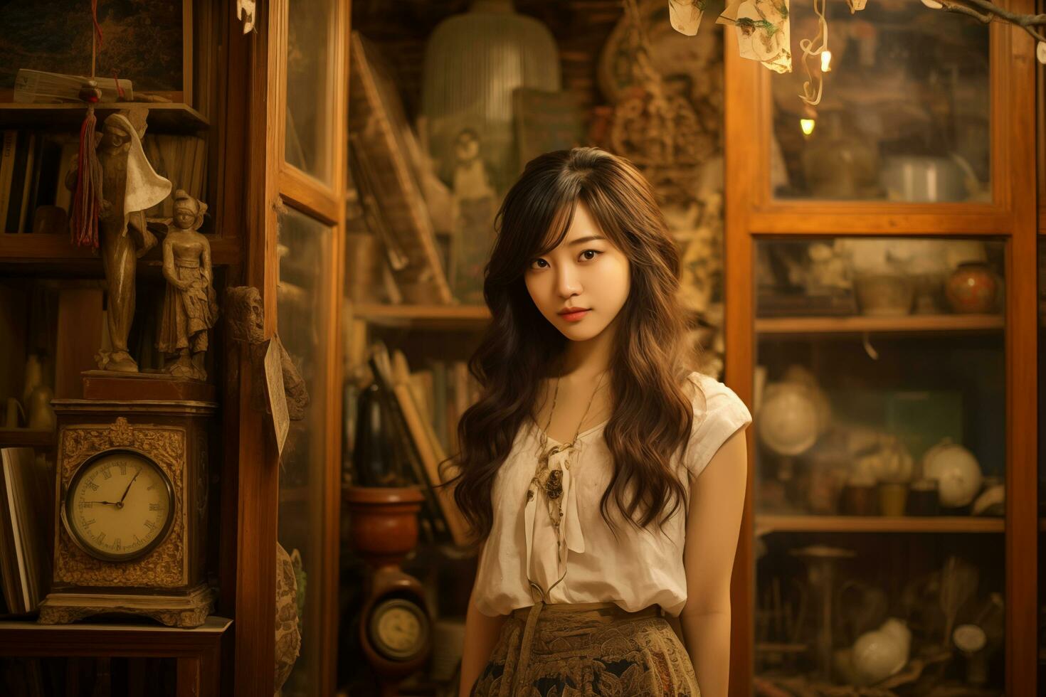Beautiful Korean girl inside of a retro shop Generative AI photo