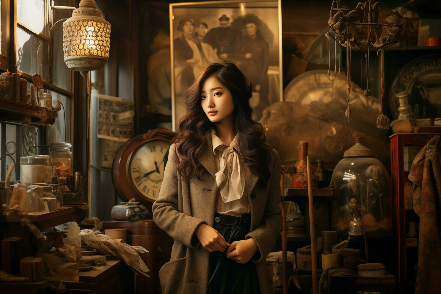 Beautiful Korean girl inside of a retro shop Generative AI photo