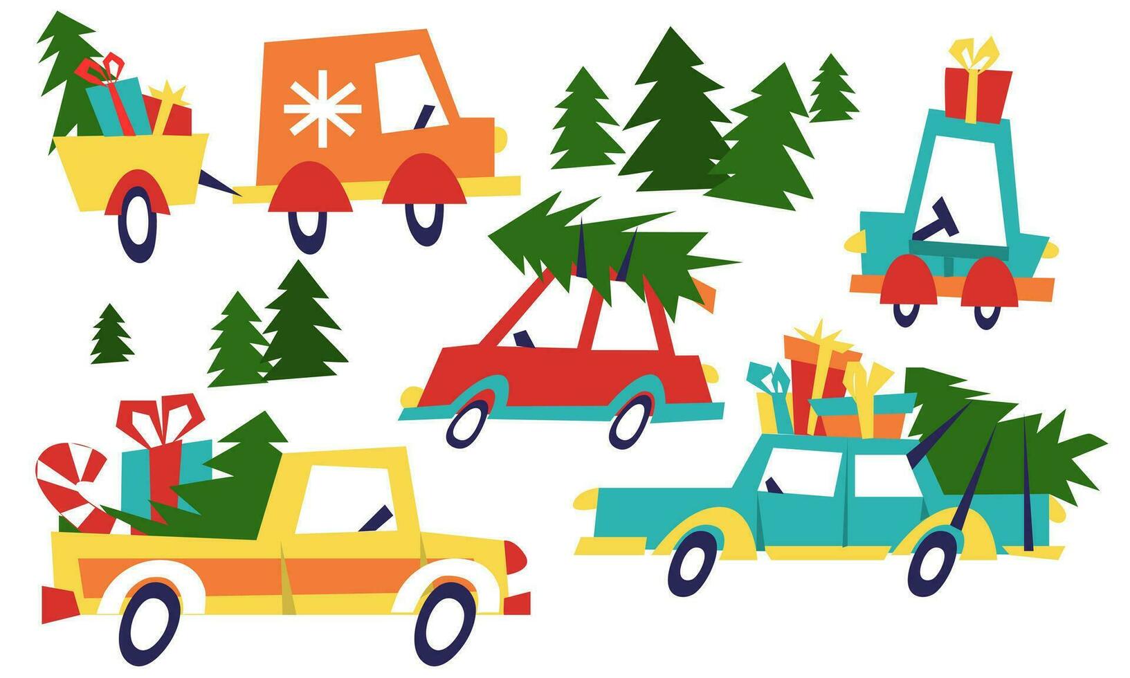 A set of geometric cars with Christmas trees, gifts, candies for celebrating Christmas and New Year. Isolated children's vector illustration for a holiday on a white. Collection with Christmas trees