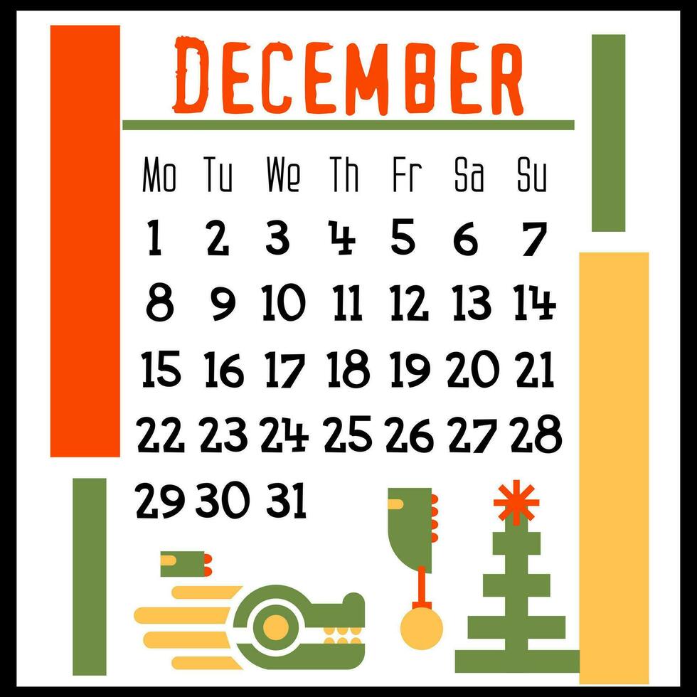 Square calendar page for December 2024 with a green geometric dragon. Isolated on a white background. The symbol of the year of the dragon. A dragon with a Christmas tree. Vector illustration. Colour