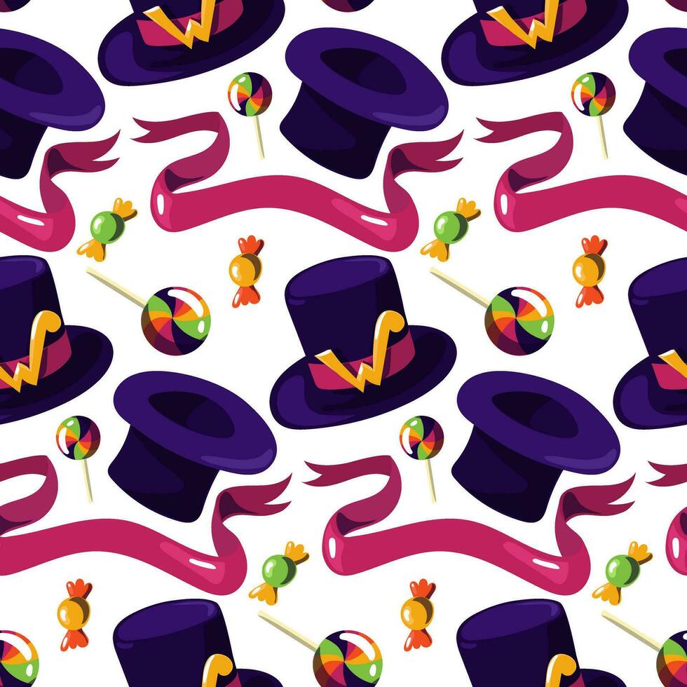 A pattern with a purple hat with sweets and a ribbon with the letter W. The world of the creator of chocolate sweets. The chocolate factory. Seamless ornament on a white background for textiles, paper vector