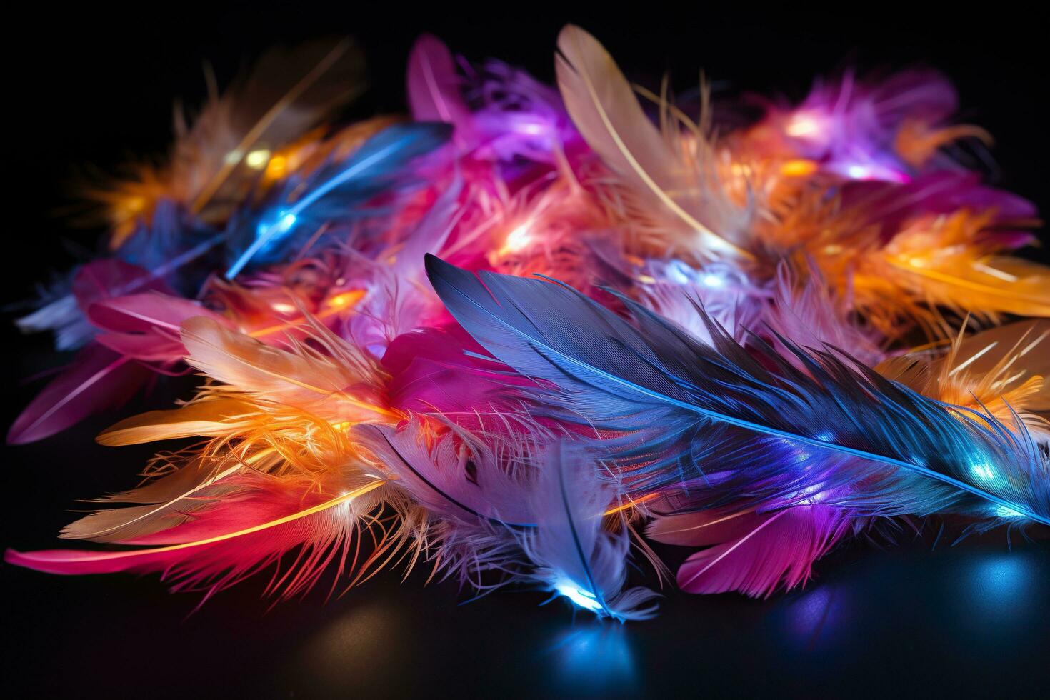 Multicolored bird feathers with neon glow. Bright background. Generated by artificial intelligence photo