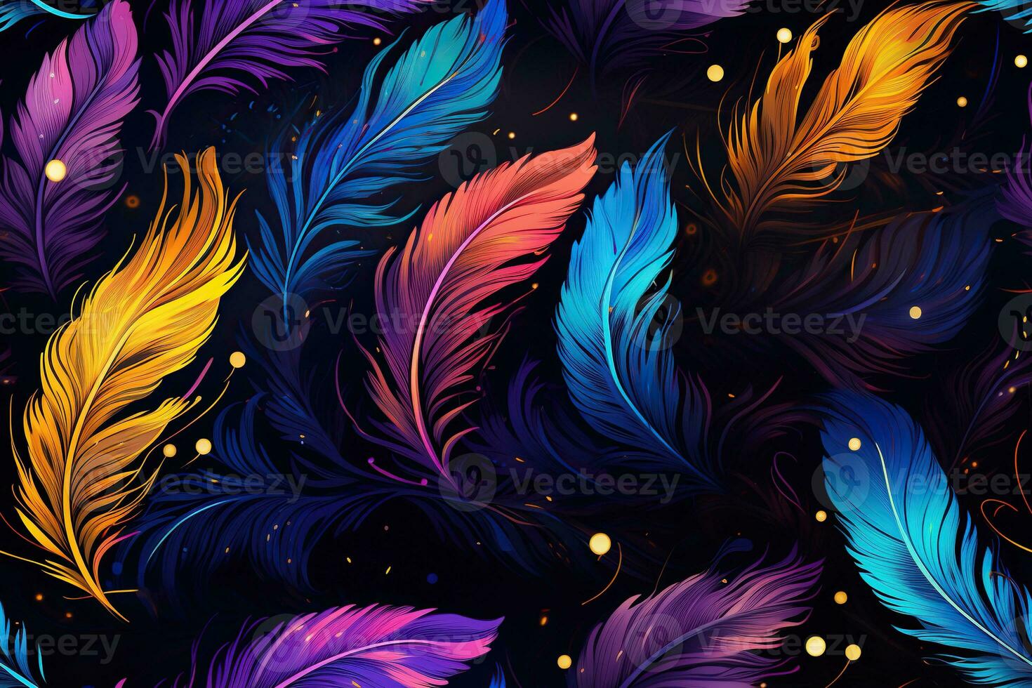 Colorful feathers, firebird feather pattern. Bright background. Generated by artificial intelligence photo