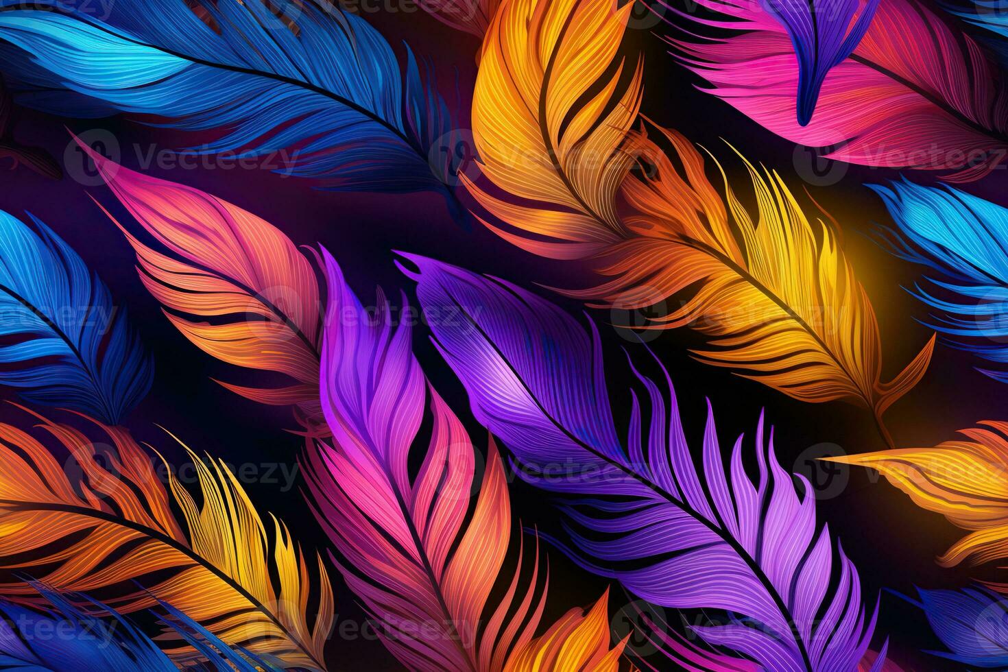 Colorful feathers, firebird feather pattern. Bright background. Generated by artificial intelligence photo