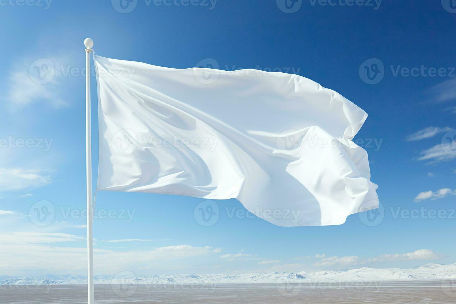 An empty white waving flag on a clear sky in a vacant lot. Generative AI photo