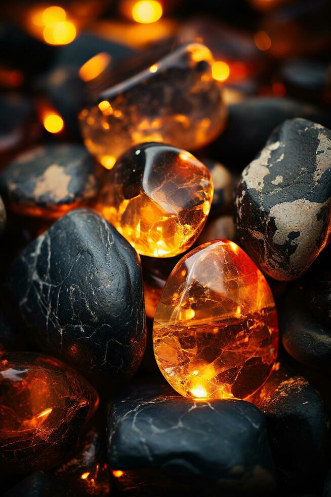 Vertical background of amber colored stones. Generative AI photo