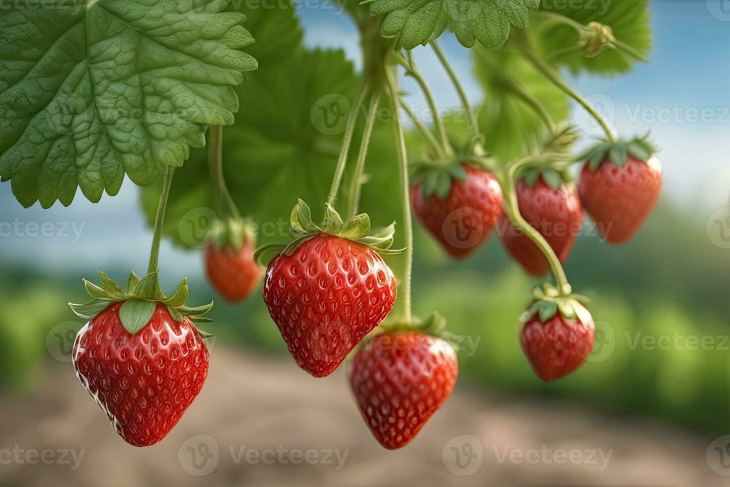 Strawberry Vine Covered in Ripe Fruit by AI Generative photo