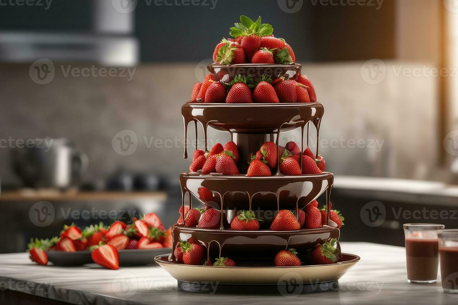 Strawberries and Chocolate Fountain by AI Generative photo