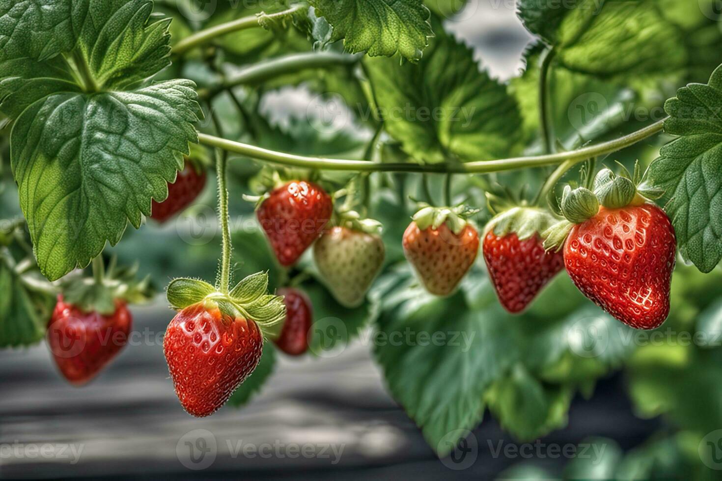 Strawberry Vine Covered in Ripe Fruit by AI Generative photo
