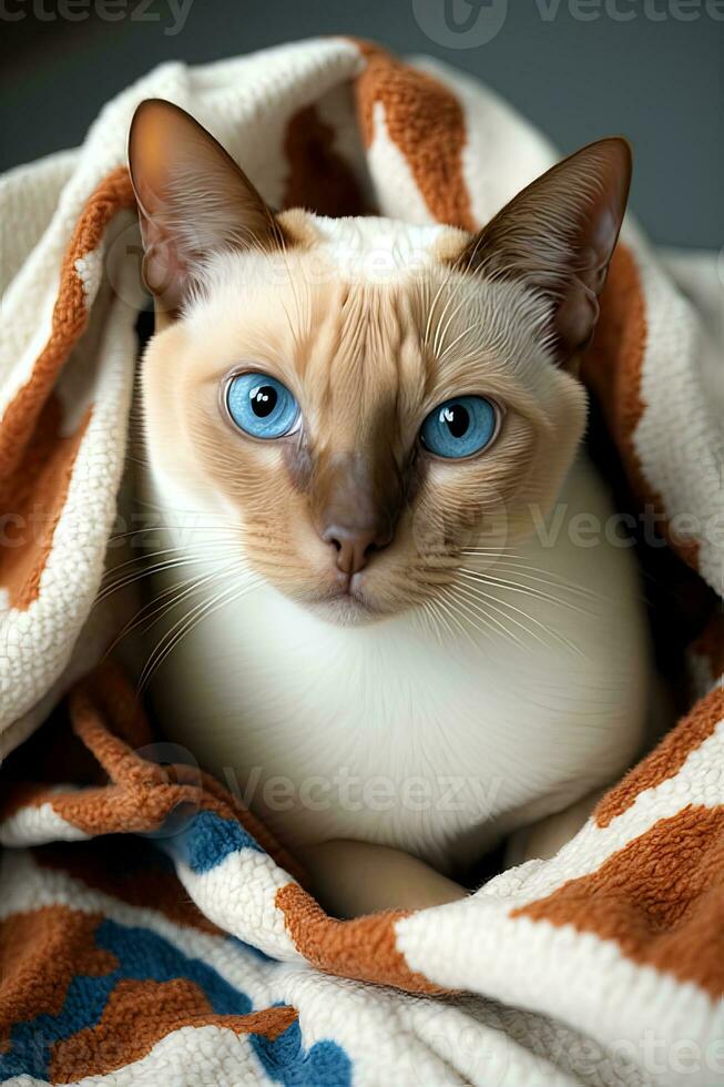 white and red Siamese cat sitting on an orange blanket with blue eyes , generated by AI photo