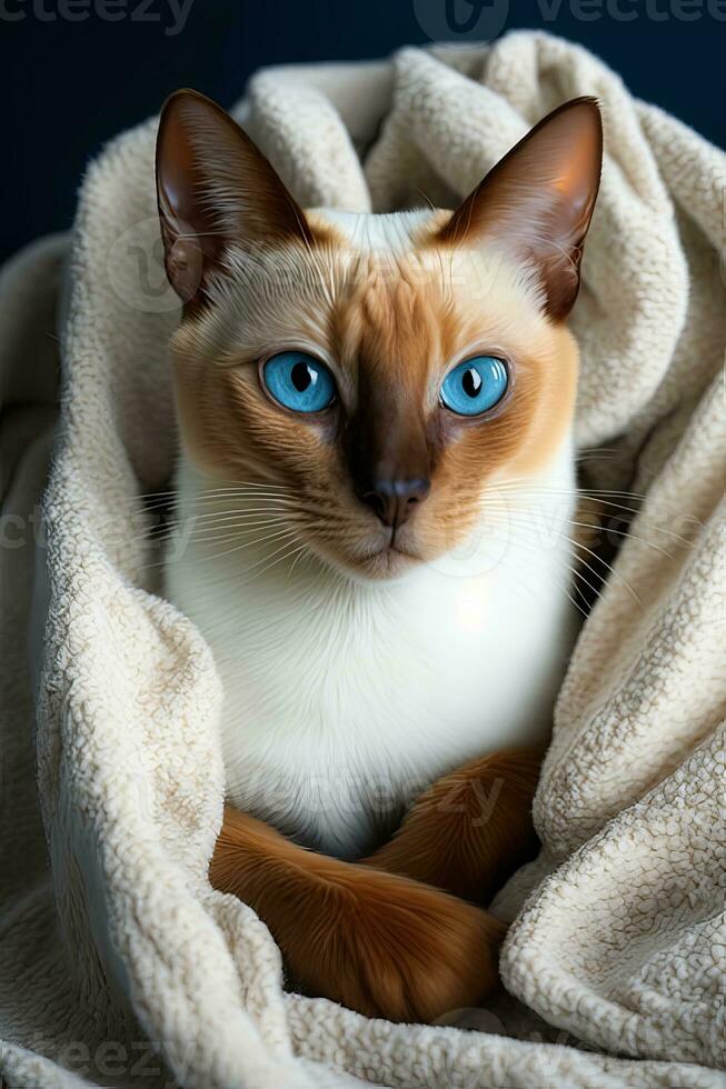 white and red Siamese cat sitting on an orange blanket with blue eyes , generated by AI photo