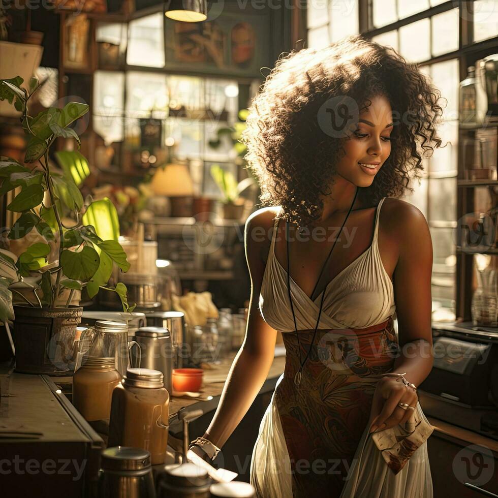 hermosa negro africano niña sirve en un café bar , generado por ai foto
