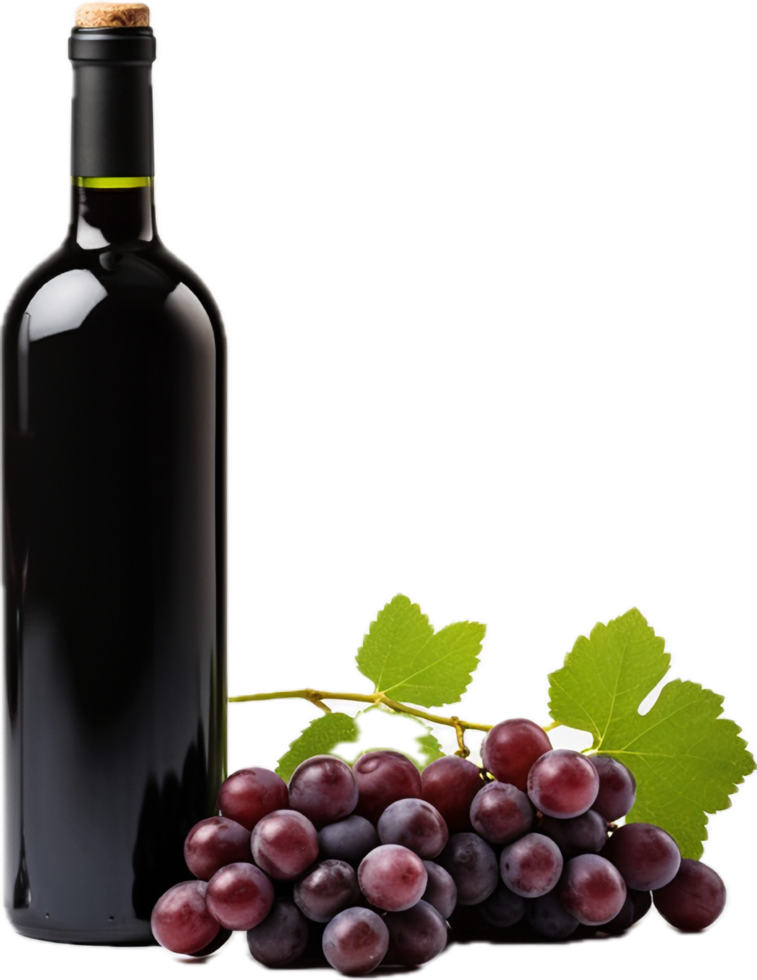 Red wine bottle with wine grapes png with AI generated.