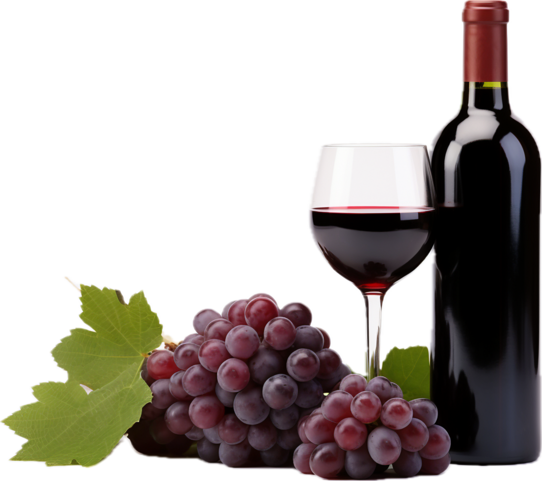 Red wine bottle with wine grapes png with AI generated.